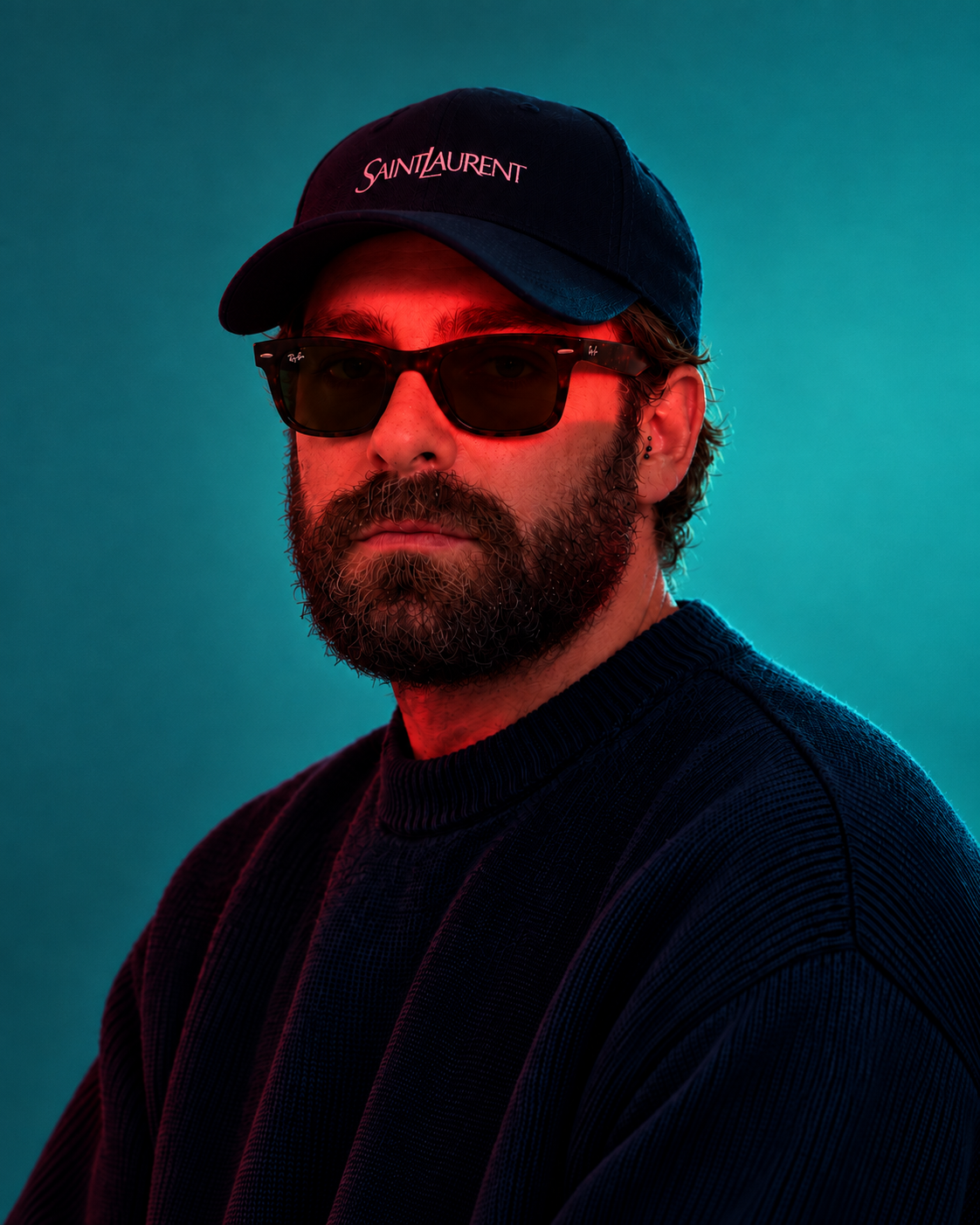 Retrato de Double Disco com luz vermelha e fundo azul